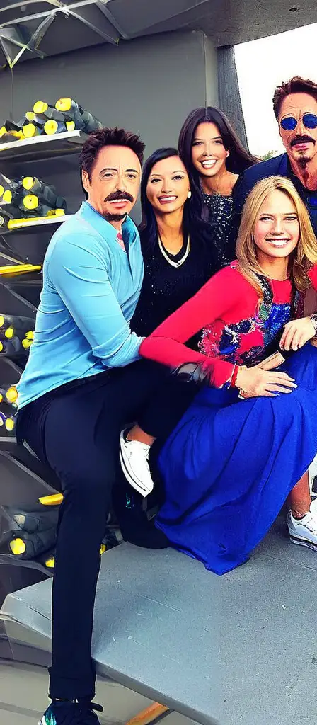 retarded guy with a bunch of attractive women and also he's tony stark, a scene from the Infinite Tapestry endless AI painting