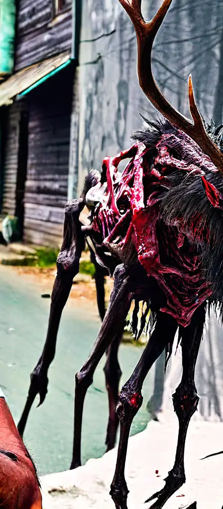 Starved wendigo man eating a man carcass, a scene from the Infinite Tapestry endless AI painting