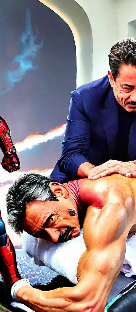 Jeffrey epstein giving tony stark an oil massage with trump and netanyahu, a scene from the Infinite Tapestry endless AI painting