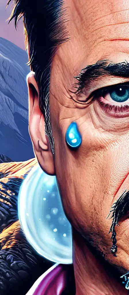 Areola man tony stark sticking his tongue out while fluid pours on his face, a scene from the Infinite Tapestry endless AI painting
