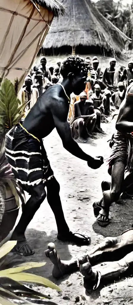 african tribe torturing white man, a scene from the Infinite Tapestry endless AI painting